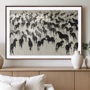 Wild Horse Stampede Wall Art Canvas Print – Monochrome