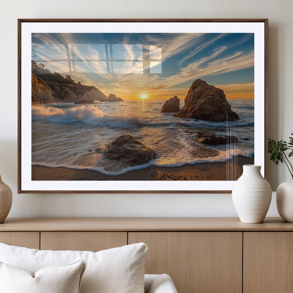Rocky Ocean Sunset Wall Art Print – Seaside Canvas Dramatic