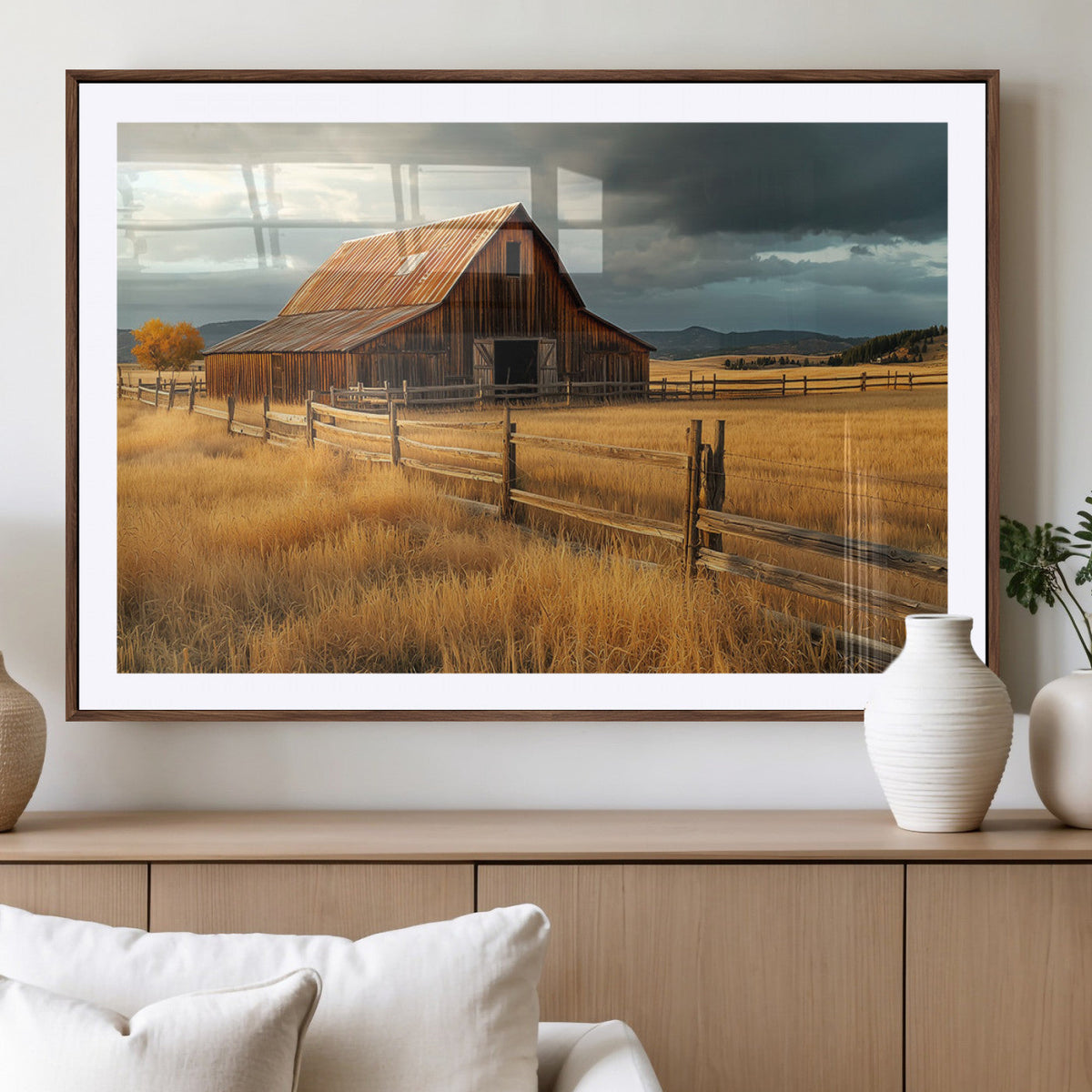 Golden Sunset Barn Wall Art Canvas Print, Rustic Autumn Farm