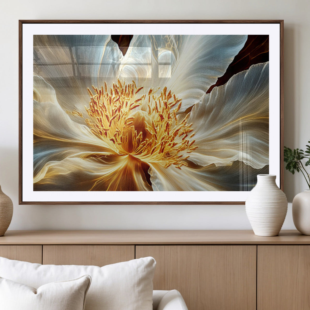 Golden Abstract Flower Canvas Wall Art, Modern Botanical