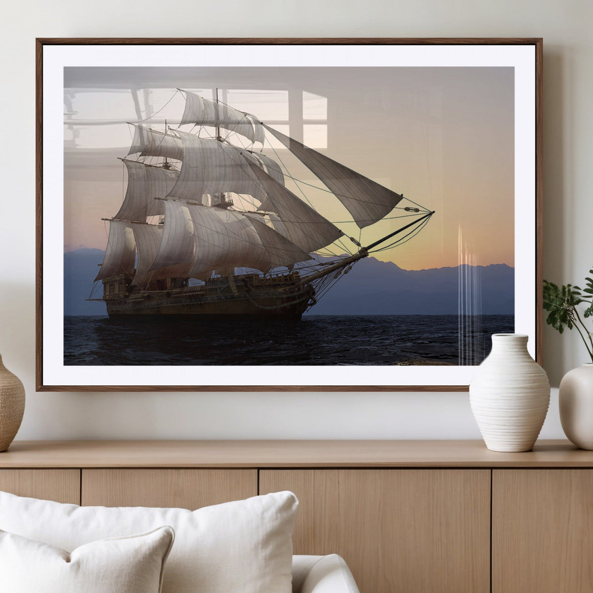 Majestic Sailing Ship Wall Art Canvas Print, Sunset Ocean