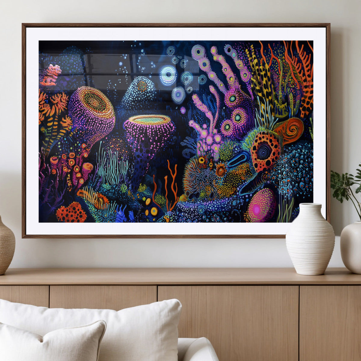 Vibrant Neon Coral Reef Wall Art Canvas Print, Colorful