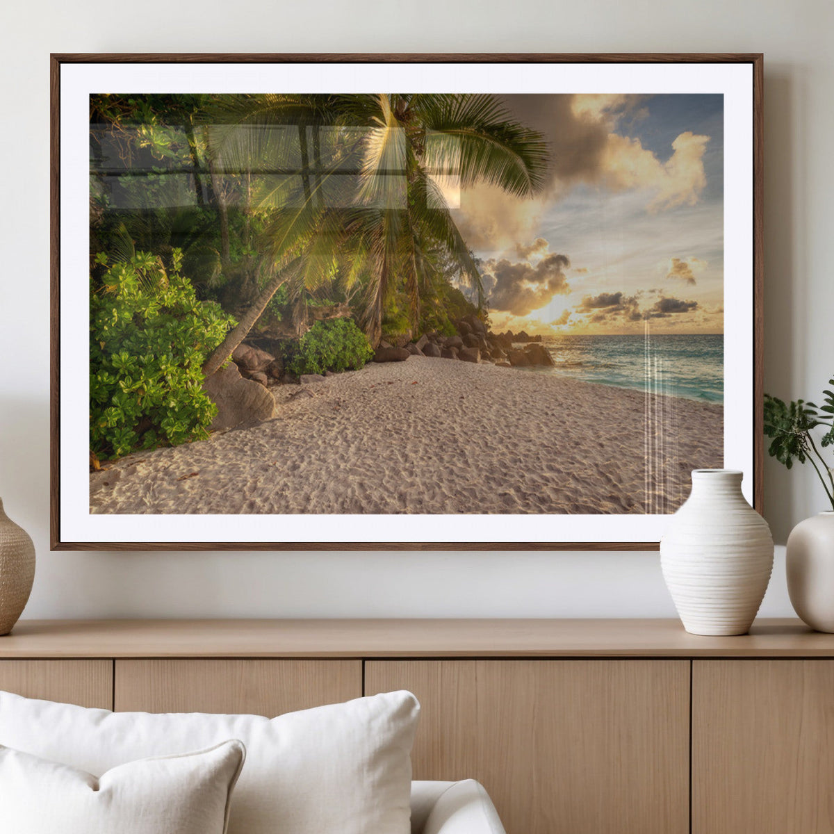 Tropical beach sunset, palm trees, white sand, ocean waves,