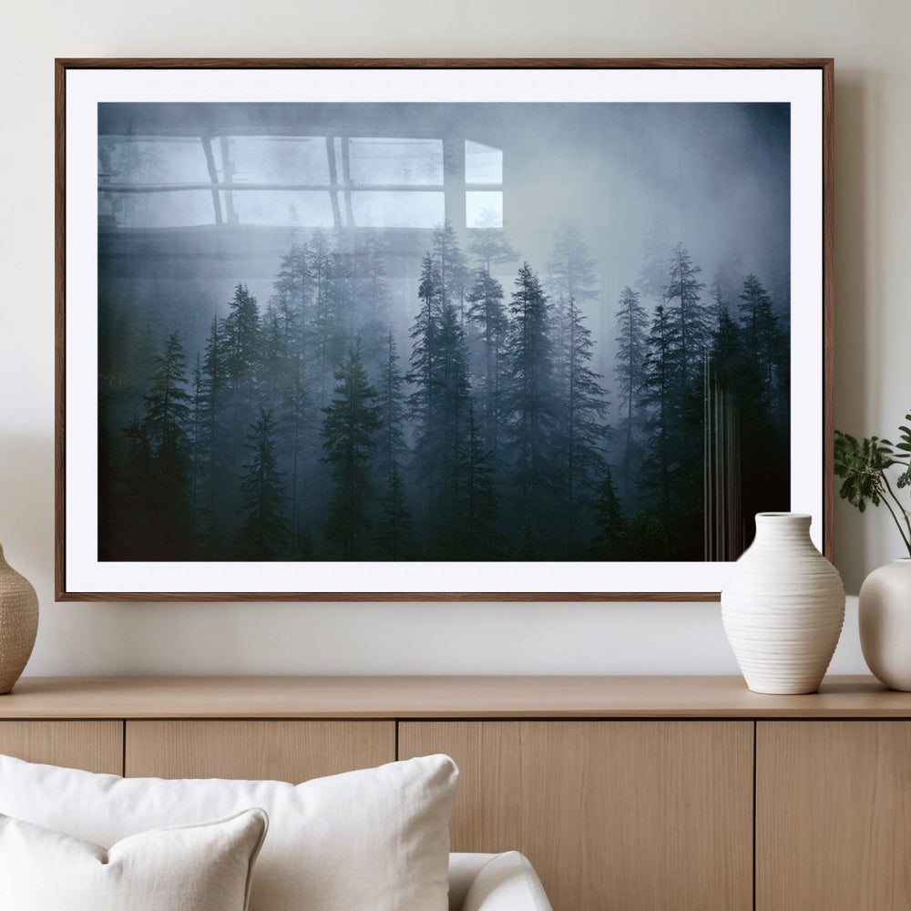 Foggy Evergreen Pines Wall Art – Mist Forest Blue Haze Moody