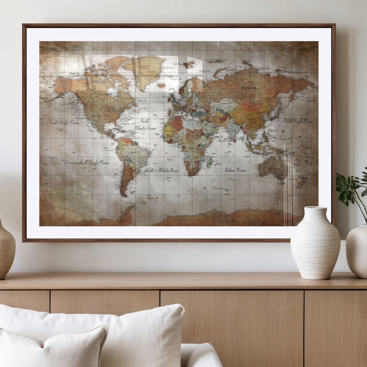 Vibrant Watercolor World Map Canvas Wall Art – Framed Travel