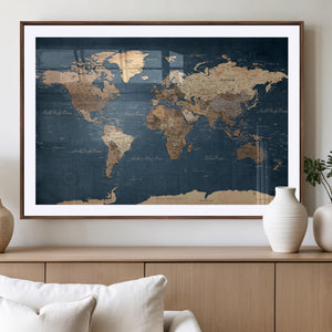 Navy Blue World Map Canvas Print – Framed Travel Map Wall