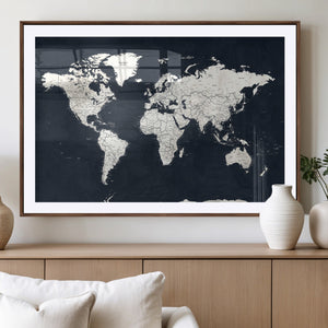 Black World Map Wall Art Canvas Print for Home Office and