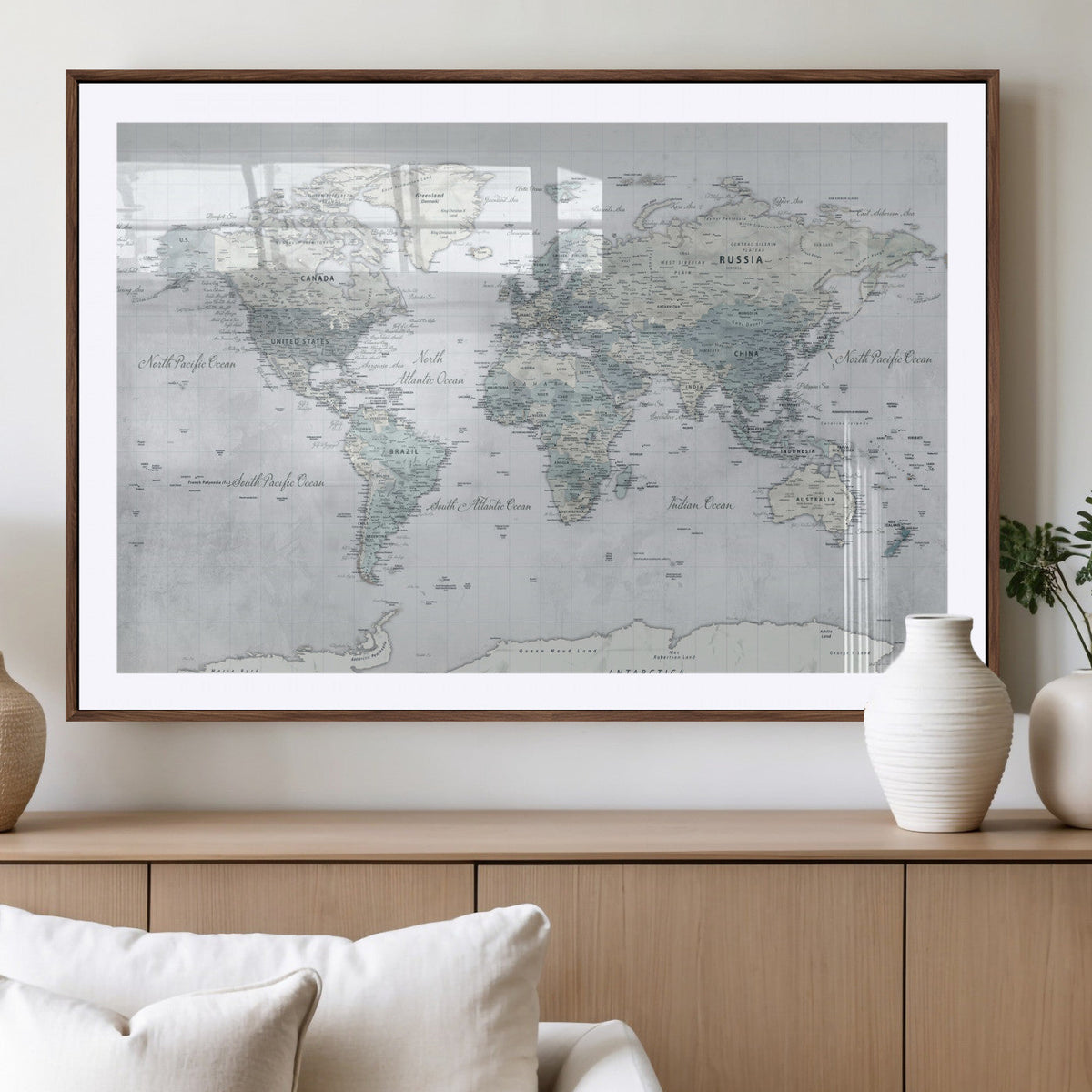 Push Pin World Map Canvas Print - Detailed Vintage World Map