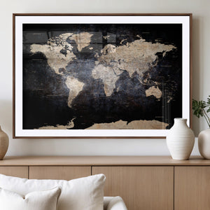 Grunge World Map Wall Art | 3-Panel Large Beige and Brown