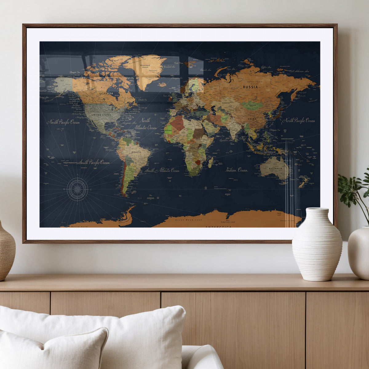 Modern World Map Canvas Print – Framed Detailed Map of the