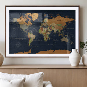 Modern World Map Canvas Print – Framed Detailed Map of the