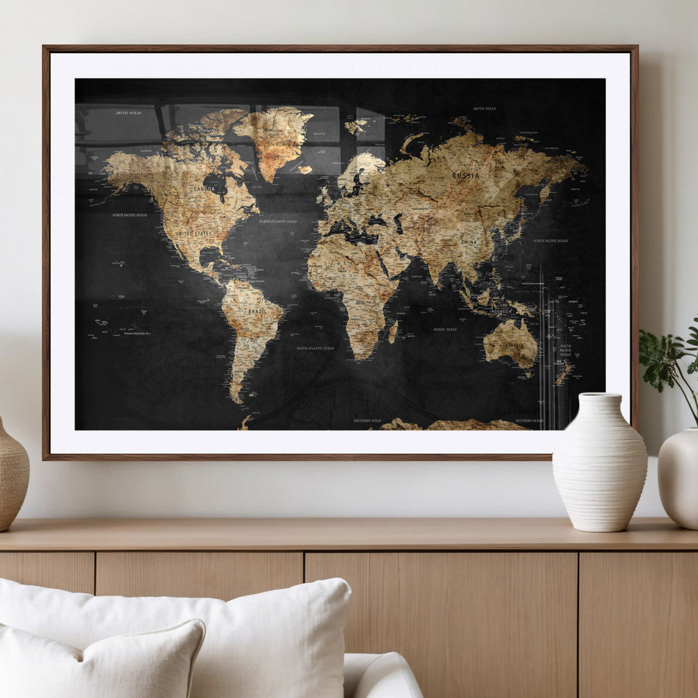 World Map Canvas Wall Art with Famous Landmarks – Framed