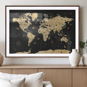 Vintage Blue and Brown World Map Canvas Wall Art – Framed