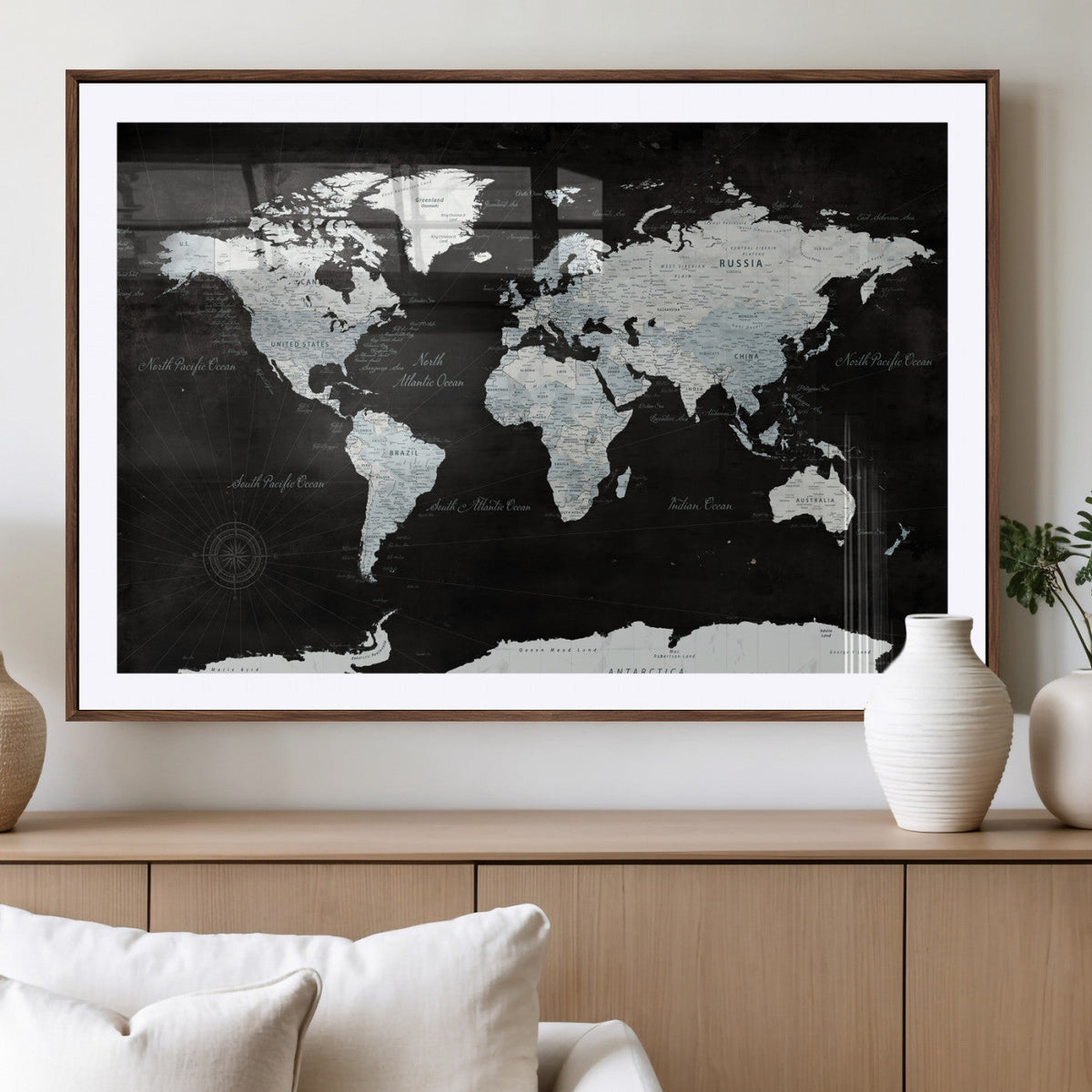 World Map Canvas Print – Framed Push Pin Wall Art, Color