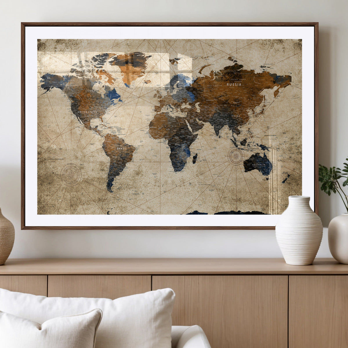 World Map Wall Art – Rustic Earth Tone Canvas Print, Antique