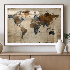 World Map Wall Art – Rustic Earth Tone Canvas Print, Antique