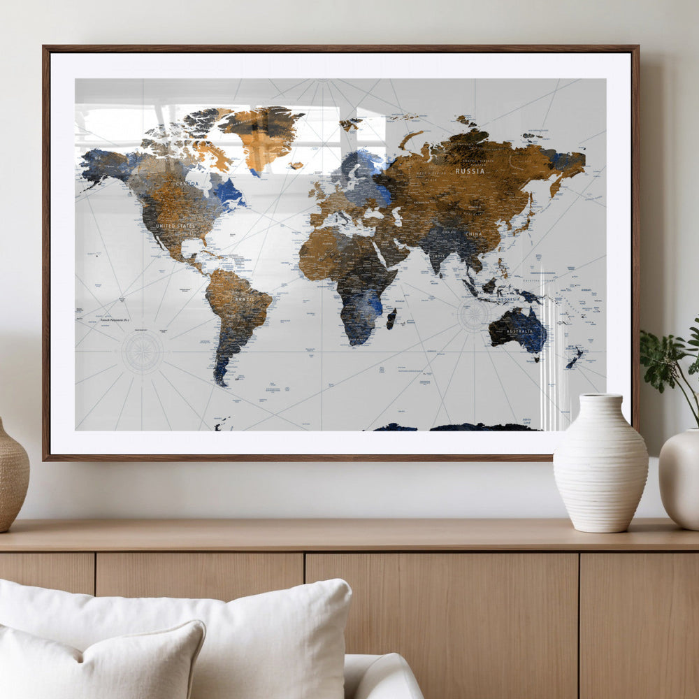 World Map Wall Art Canvas Print, Modern Decorative Framed