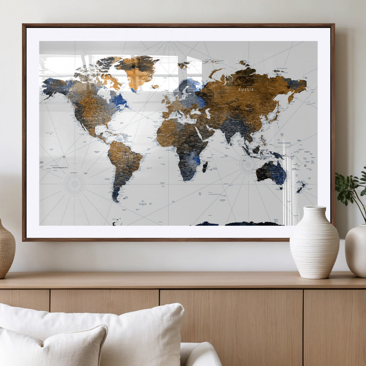 World Map Wall Art Canvas Print, Modern Decorative Framed