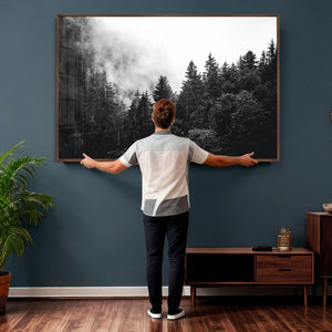 Black White Forest Wall Art Canvas Print, Misty Pine Tree