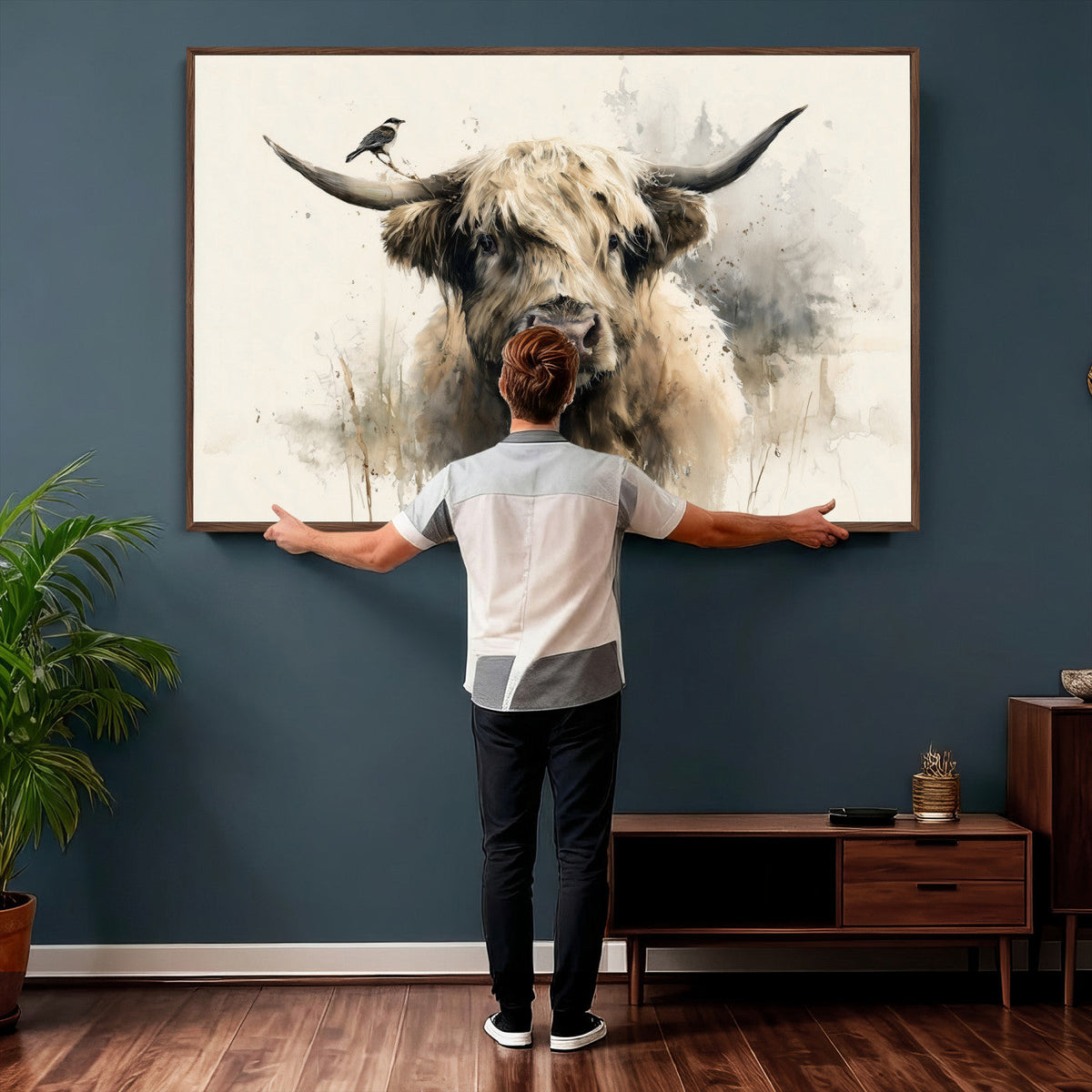 Abstract Highland Cow Wall Art Canvas Print, Rustic Farm