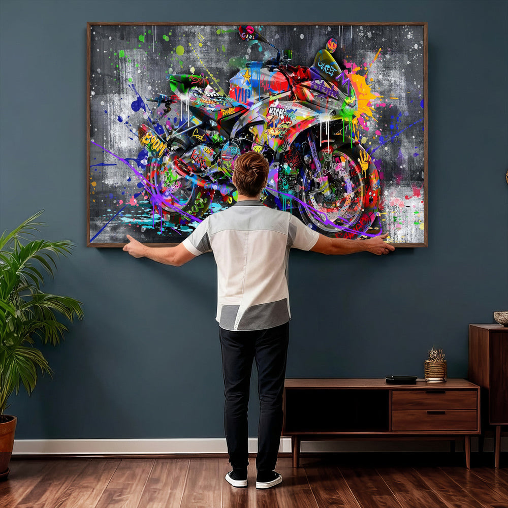 Graffiti Motorcycle Wall Art Canvas Print, Urban Street Art