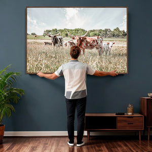 Texas Longhorn Cattle Wall Art Canvas Print, Rustic Ranch