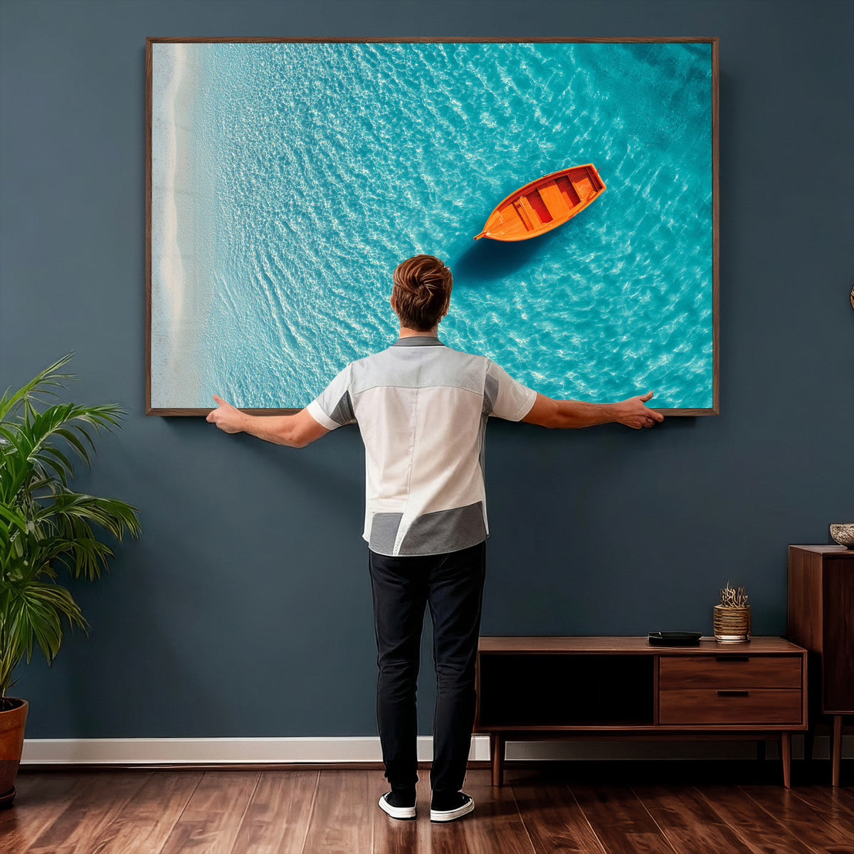Minimalist Boat Wall Art Canvas Print, Aerial Sea Landscape