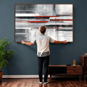 Gray Red Abstract Wall Art Canvas Print, Modern Abstract