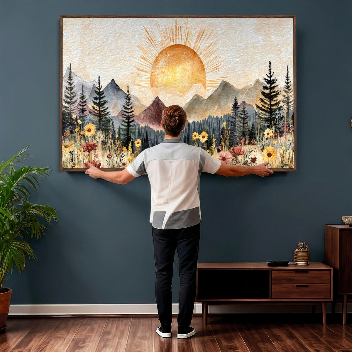 Boho Mountain Landscape Large Wall Art, Horizontal Gold