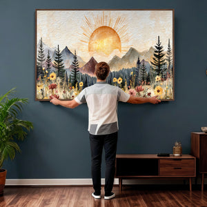 Boho Mountain Landscape Large Wall Art, Horizontal Gold