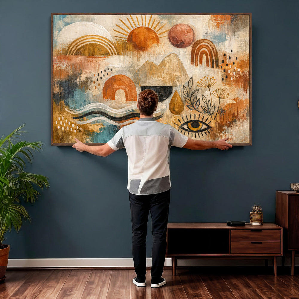 Geometric Boho Abstract Wall Art Canvas Print, Orange Blue