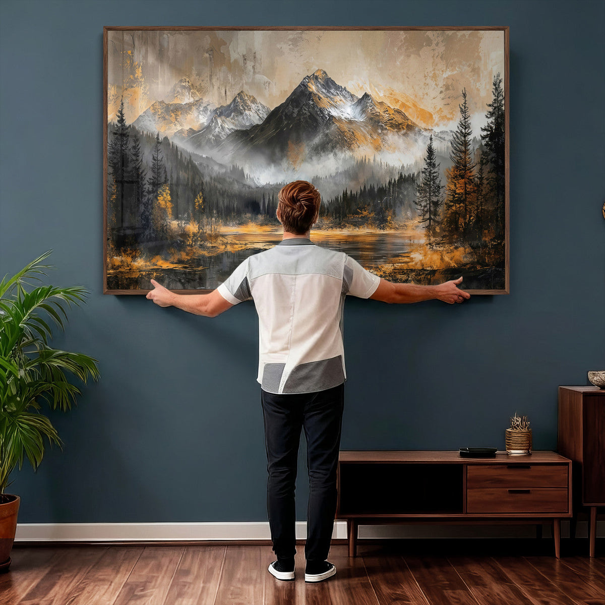 Mountain Lake Canvas Wall Art — Rustic Forest Landscape