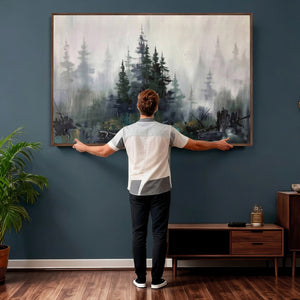 Misty Pine Forest Oil Painting Canvas — Dark Moody Teal Grey