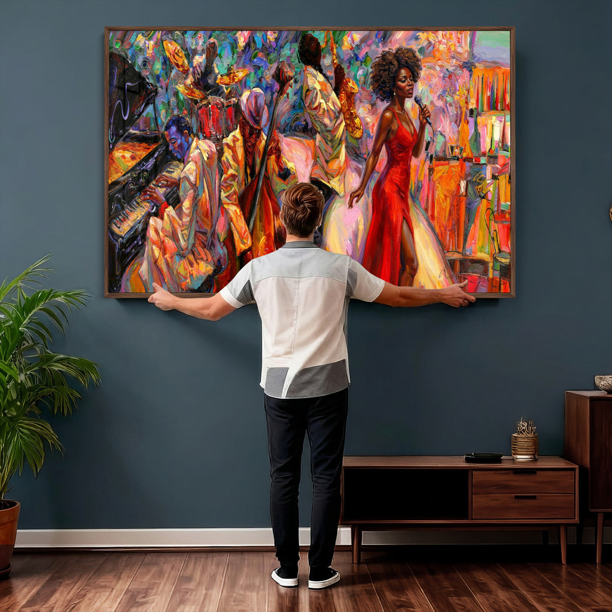 African American Jazz Singer Canvas Art — Red Dress Black