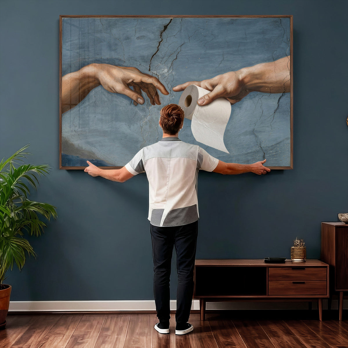 Funny Bathroom Canvas Wall Art, Michelangelo Creation of