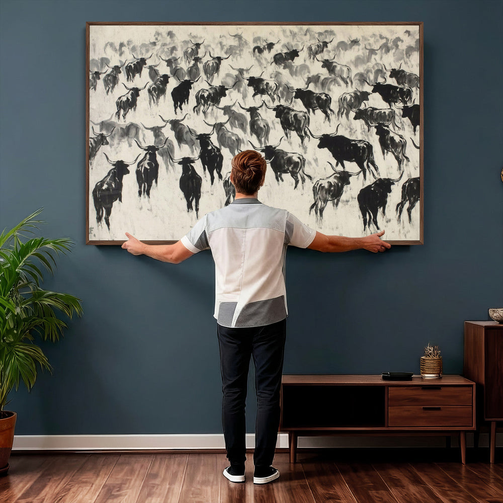 Longhorn Cattle Canvas Wall Art, Black White Stampede Ink