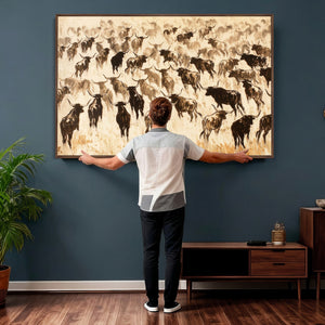 Texas Longhorn Sepia Canvas Wall Art, Western Cattle