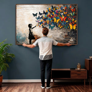Banksy Graffiti Butterfly Girl Wall Art Canvas Print, Framed