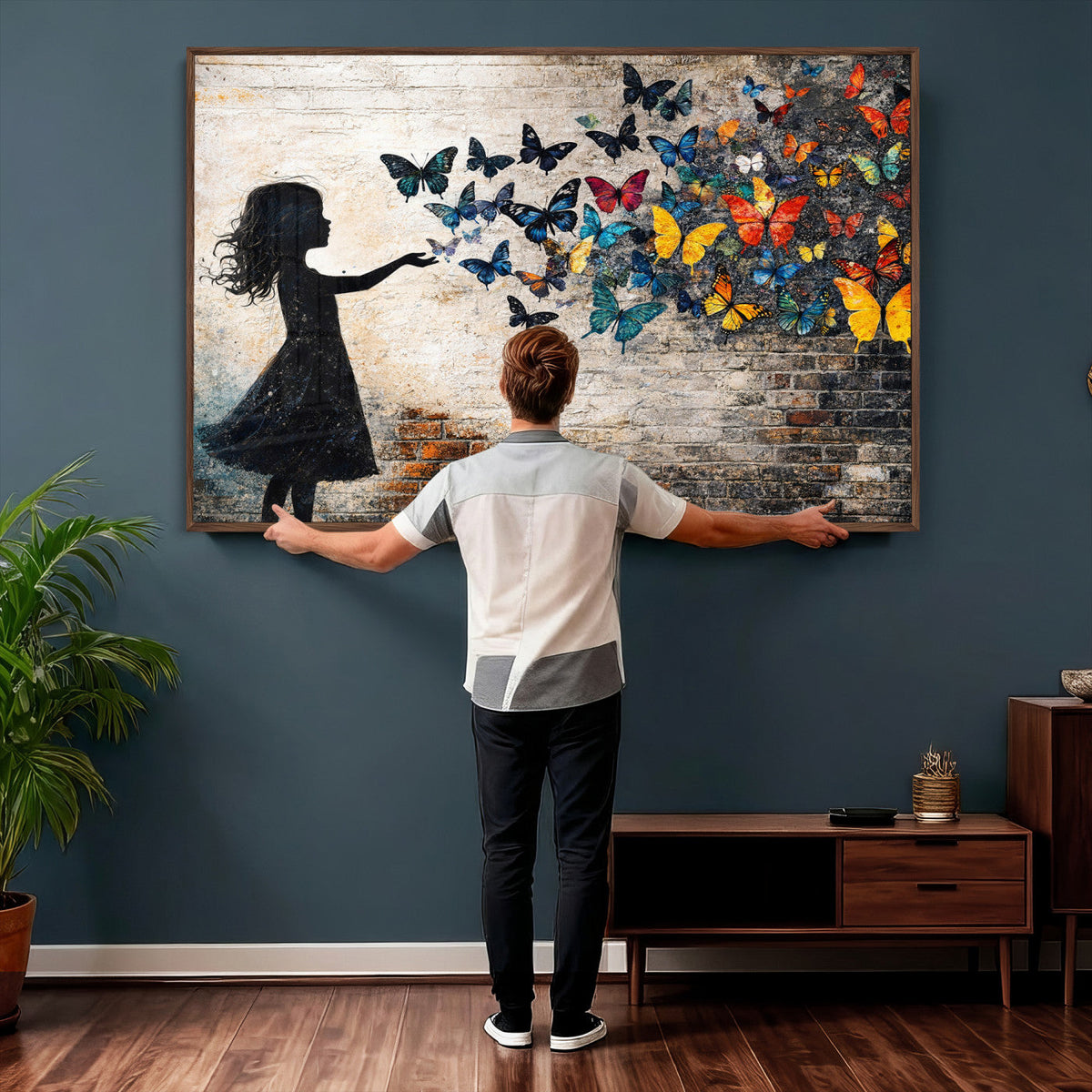 Banksy Butterfly Girl Wall Art Canvas Print, Framed Street