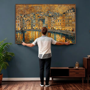Gustav Klimt Golden Cityscape Wall Art Canvas Print, Framed