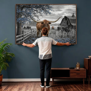 Texas Longhorn Canvas Wall Art, Rustic Farm Barn Bluebonnet
