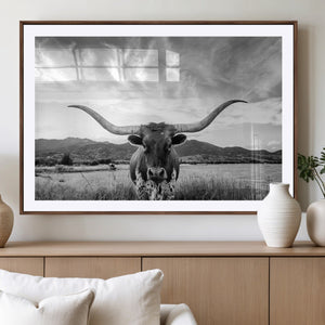 Longhorn Black and White Wall Art – Rustic Western Bull