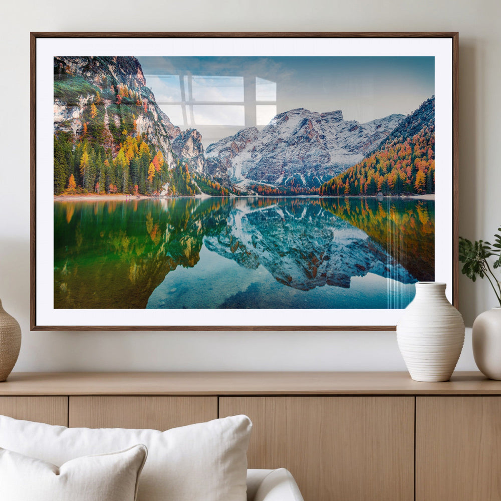 Spectacular autumn view of Braies Lake Wall Art Canvas Print