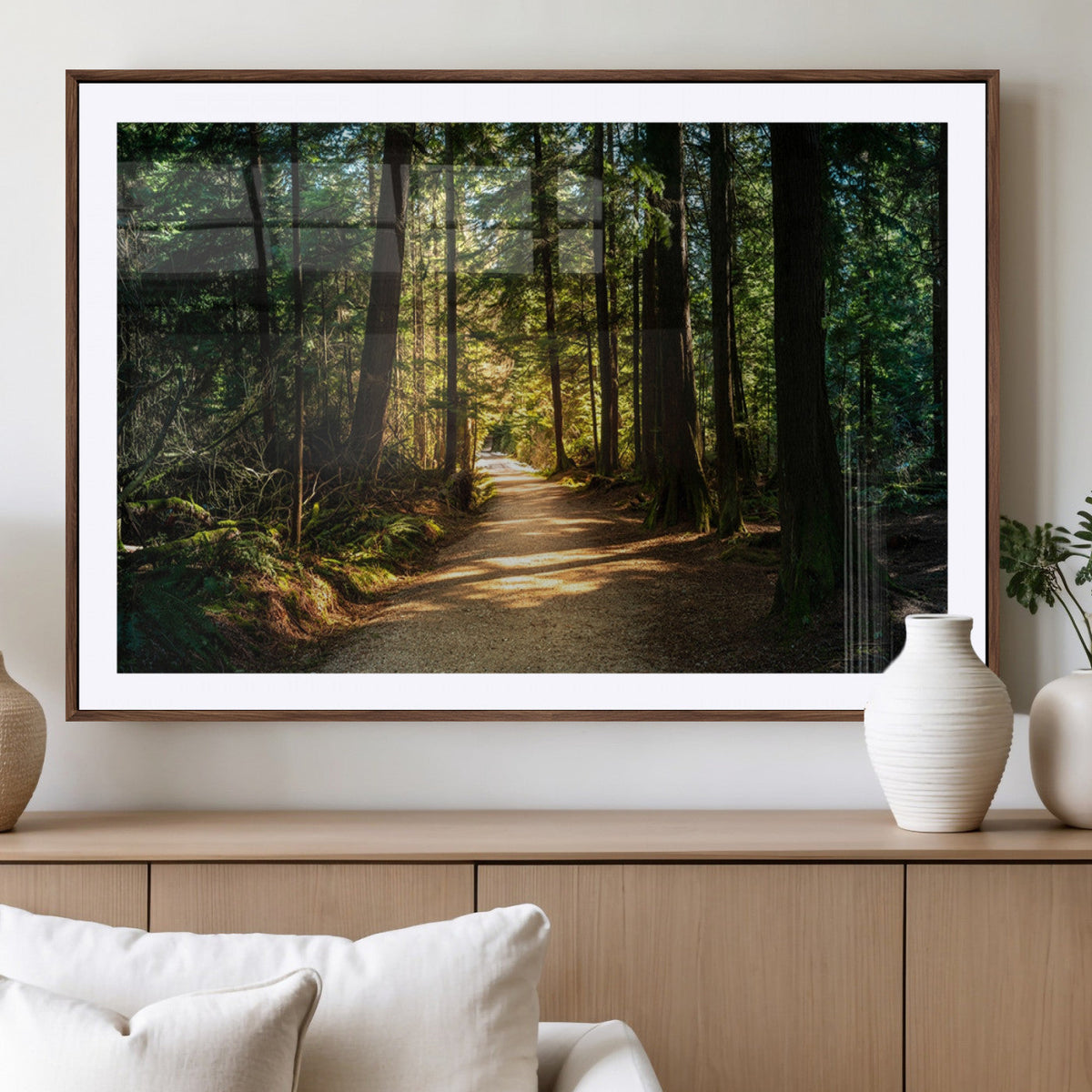 Sunlit Forest Pathway Canvas Print | 3 Panel Large Nature