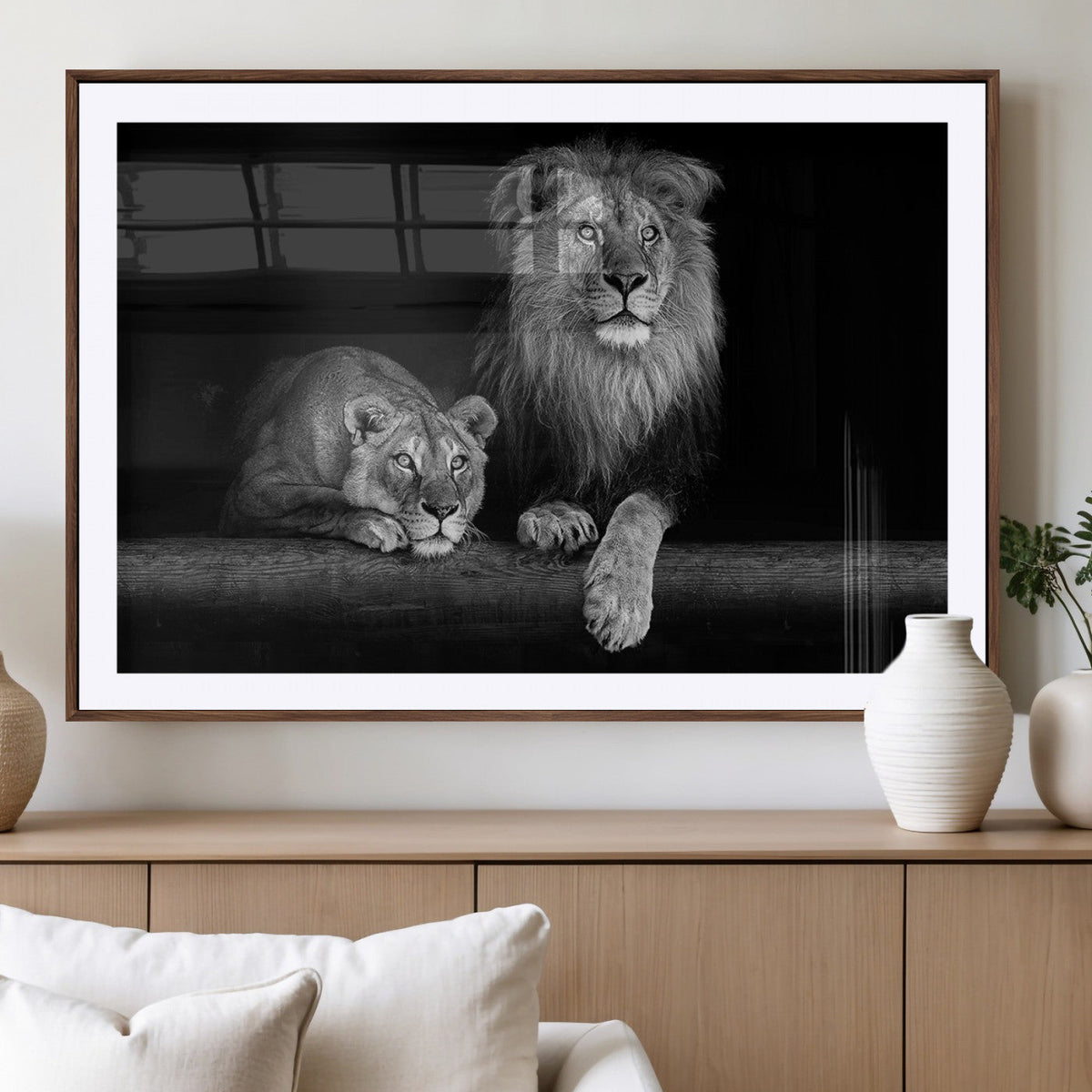Large Black and White Lion Couple Wall Art Canvas Print –