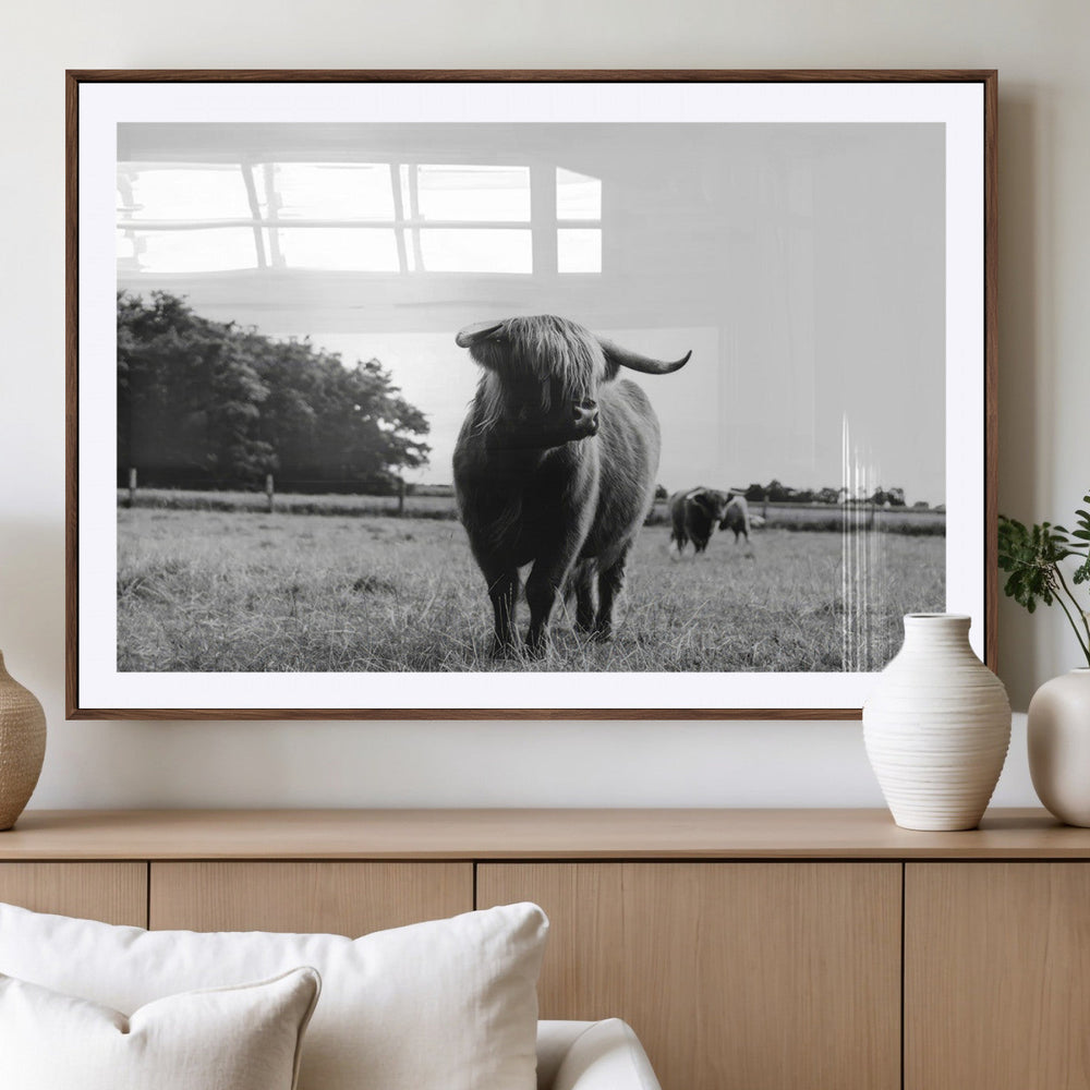 Black and White Highland Cow Wall Art Canvas Print | Rustic
