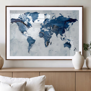 Modern Blue World Map Canvas Print – Framed Wall Art,