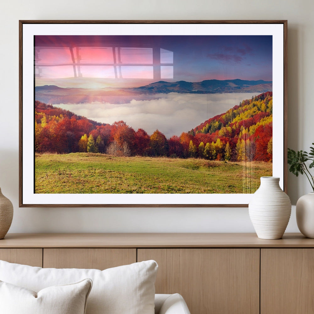 Autumn Mountain Foggy Landscape Wall Art Canvas Print |