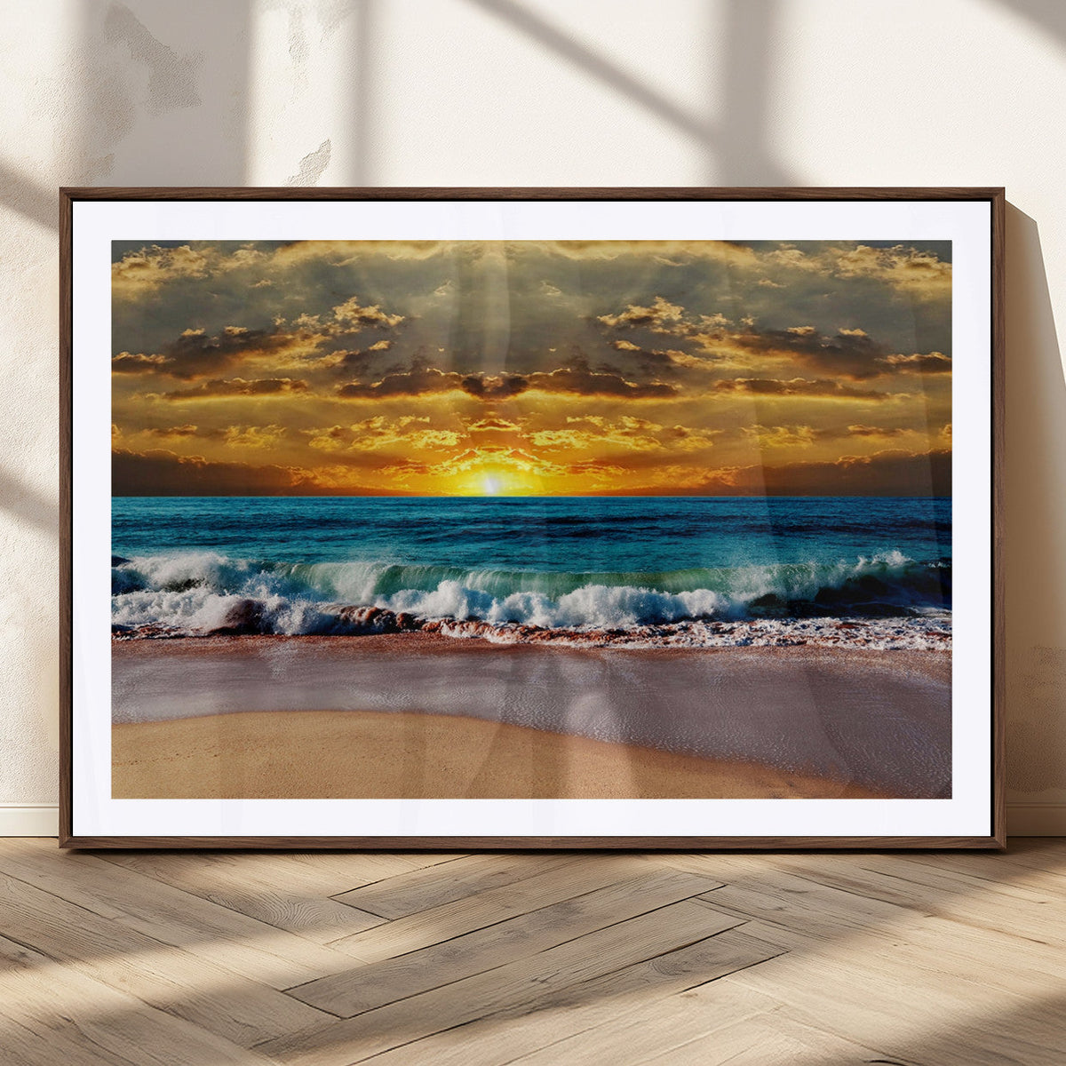 Ocean Sunrise Over Golden Beach Waves, Giclee Canvas Wall