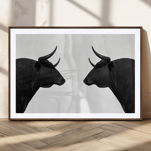 Spanish Bull Art - Framed Black and White Bull Canvas Print